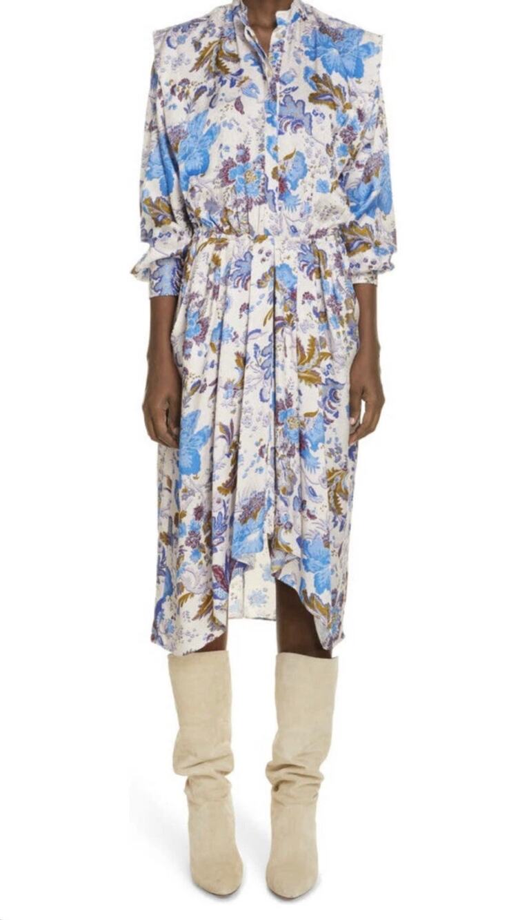Isabel Marant Etoile Okleya White Blue Floral Long Sleeve Hi-Low Midi Dress XS